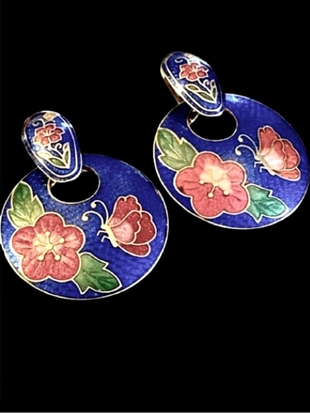 Vtg Cloisonné Enamel Butterfly Flower Pierced Earrings Gold Round Dangling Blue